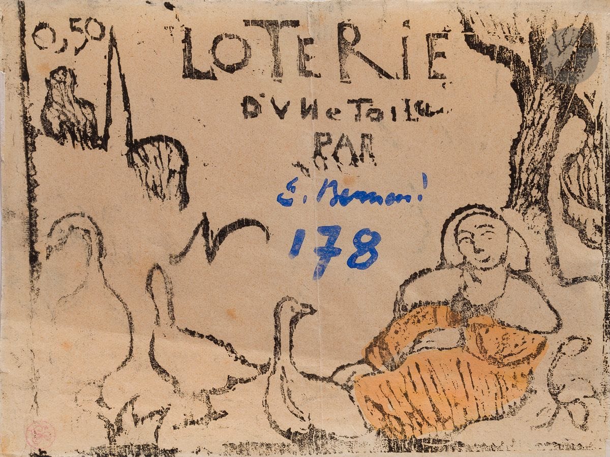 Émile Bernard (1868-1941) 
Woman with geese. Lottery ticket. 1890. Woodcut. 160 x 125. Morane 23. Very fine proof on thin vellum, the peasant woman's dress colored in orange watercolor, signed in the center in royal blue brush and ink, and numbered "178". Fine median vertical crease and slight median oblique crease in the lower third. Some rare foxing. Small tear at lower left edge. Maculature on verso. Stamp R. T.

This print appeared in the following exhibitions: Cent ans d'estampes en Bretagne, Le Faouët, 1998 (reproduced in catalog no. 157); Before and after Gauguin, Atlanta, 2008.
This engraved lottery ticket was used to raise funds for the artist, who found himself penniless after his father cut him off. Bernard offered one of his canvases, a landscape from 1888, by lottery, to one of the subscribers who bought him a ticket for this tombola. According to Morane, "it does not appear that the artist issued more than 200 such tickets." He engraved three lottery tickets, in 1890-1891 (D. Morane, Emile Bernard, catalog raisonné de l'œuvre gravé, Musée de Pont-Aven, Bibliothèque d'Art et d'Archéologie Jacques Doucet, Paris, 2000, p. 40). 
"Paul Gauguin mentions the fact in a letter to E. Bernard from Le Pouldu. Bernard from Le Pouldu in 1890: "Your letter reached me at the same time as I heard from Filiger, who told me that you had held a lottery! You should have sent us more like twenty tickets. Sérusier would have placed them with the Julian group at Pont-Aven. Unfortunately he's leaving tomorrow for the Auvergne, and I don't know enough about them to offer them." (Lettres de Paul Gauguin à Émile Bernard 1888-1891, Genève, P. Cailler, 1954, p. 134: lettre XX". (Quoted in M. Grivel, ed., Gauguin et l'École de Pont-Aven, exhibition catalog, Paris, Bibliothèque nationale, 1989, p. 40).