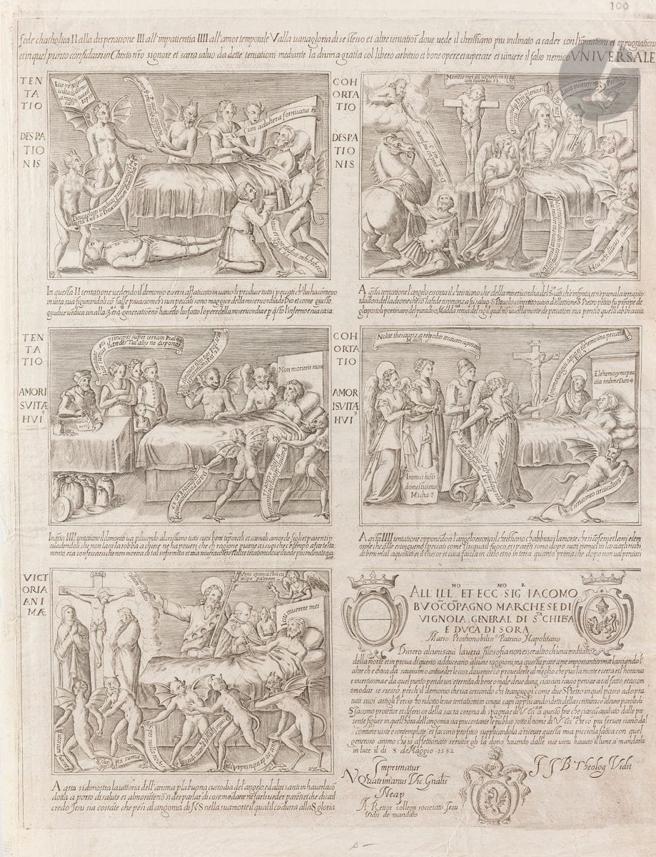 Popular imagery
Neapolitan imagery. The Good Death and the Bad Death. 1582. Burin. [410 x 533]. Fine proof on thin laid paper. Traces of folds at the edges of the folio. Small margins on three sides. Stamp R. T.