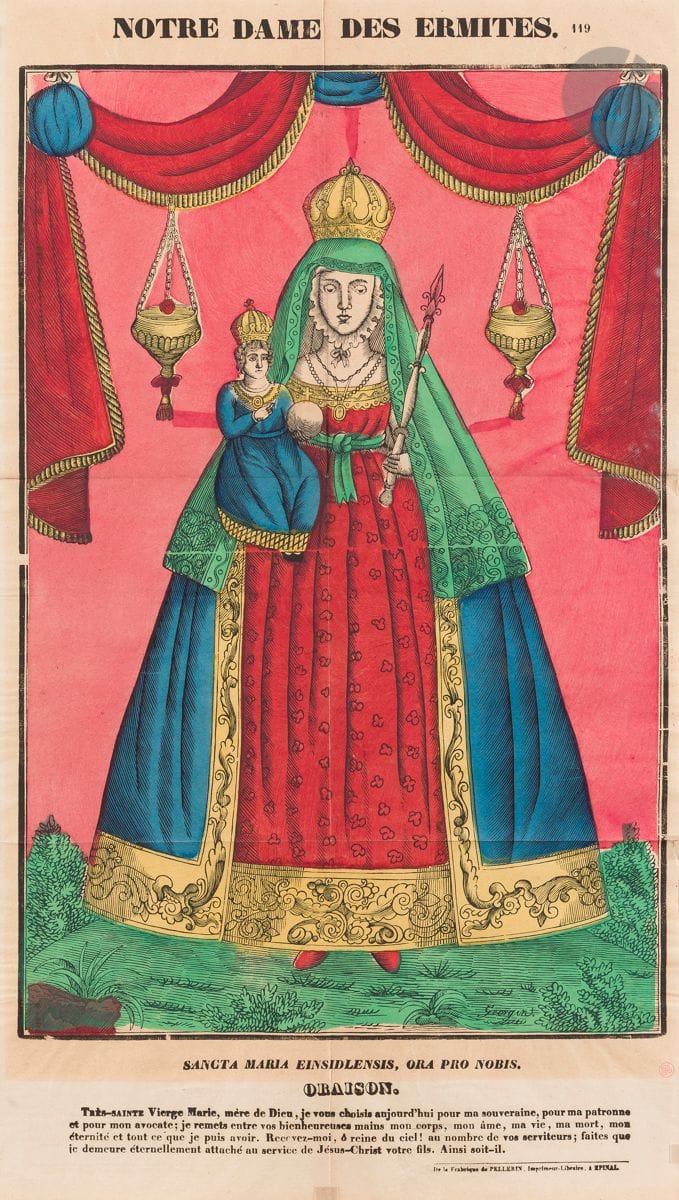 Imagerie populaire
François Georgin (1801-1863). Notre Dame des Ermites. 1824. Gravure sur bois (« De la Fabrique de pellerin, Imprimeur-Libraire, à epinal »). [378 x 630]. Belle épreuve sur vergé mince, coloriée au pochoir, du retirage pour L’Ymagier (1895). Trace claire d’oxydation autour du sujet. Pli horizontal médian normal. Petits friselis sur le pourtour. Toutes marges.