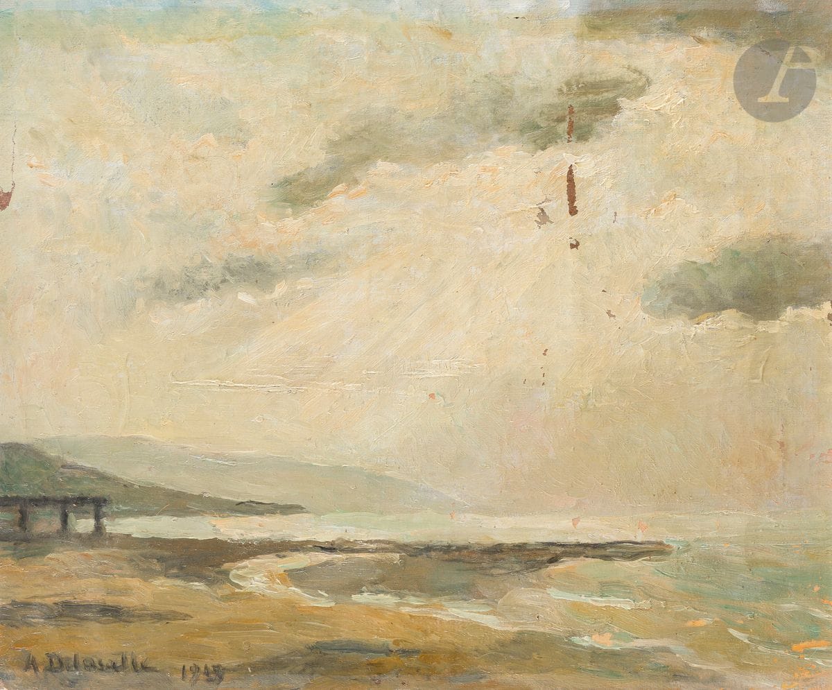 Angèle Delasalle (1867-1938)
Bord de mer. 1922. Huile sur toile collée sur panneau de bois. 440 x 365. Nombreux éclats, manques et salissures en surface. Au verso, annotation au crayon : « Angèle Delasalle / née à Paris en 1865 / Hors Concours ». Timbre R. T.