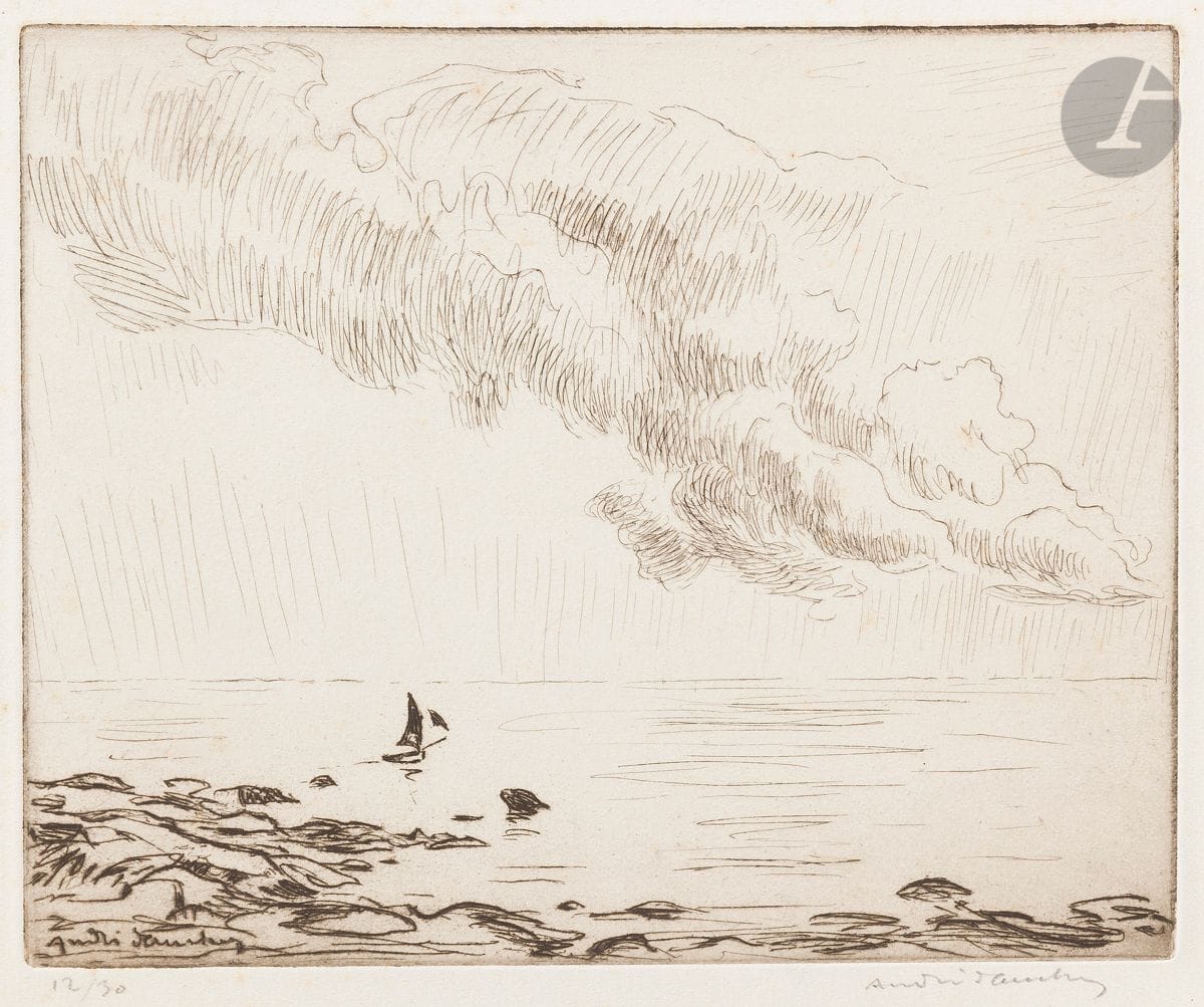 André Dauchez (1870-1948) 
Calm sea. 1926. Etching. 195 x 157. Brugal 313-26. Very fine proof on white vellum, numbered and signed in pencil, then titled at the foot. Full margins. Edition of 30 proofs. Stamp R. T. Attached: Harvesting kelp. 1906. Etching. 203 x 160. Brugal 78-06. Very fine unsigned proof on vellum of the edition for the Revue de l'Art ancien et moderne. Stamp R. T. Set. 2 p.