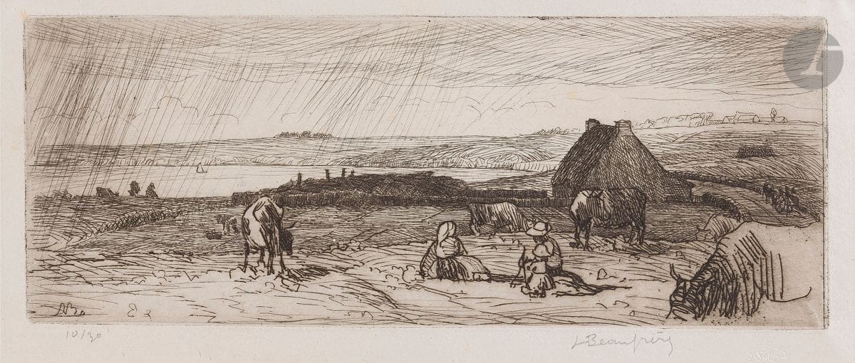 Adolphe Beaufrère (1876-1960) 
Bellangenêt (Clohars-Carnoët). 1911. Eau-forte. 201 x 75. Morane 11-01. Très belle épreuve sur chine volant, numérotée et signée au crayon, puis titrée en pied : « chaumières sur la côte du Pouldu ». Toutes marges. Tirage à 30 épreuves. Timbre R. T.