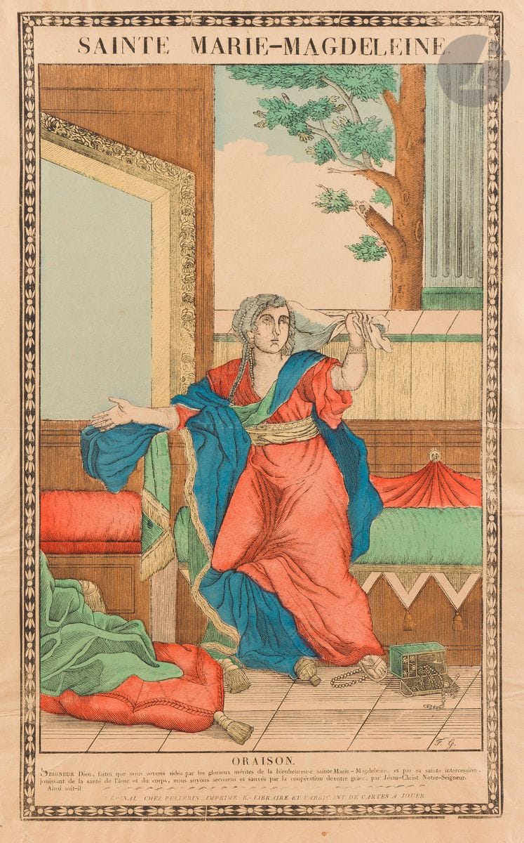 Popular imagery
François Georgin (1801-1863). Saint Mary Magdalene. 1826. Wood engraving ("A Épinal chez pellerin, Imprimeur-Libraire et fabricant de cartes à jouer"). [408 x 623]. Fine proof on thin laid paper, stencilled. Normal median horizontal fold. Tears in left margin and lower right corner. Minor edge damage. Full margins.