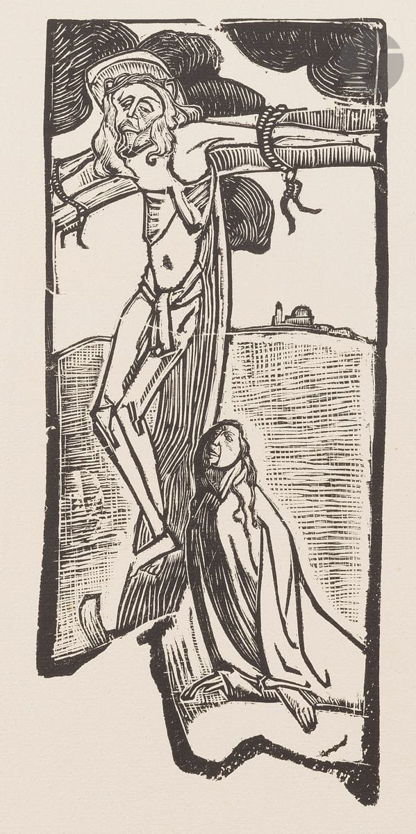 Émile Bernard (1868-1941) 
Crucifixion. 1891-1892. Bois gravé. 150 x 350. I.F.F. 1 ; Stein-Karshan 4 ; Morane 27. Très belle épreuve sur vergé ivoire, non signée. Les bords du feuillet jaunis. Toutes marges non ébarbées. Tirage à 100 épreuves pour L’Estampe originale (timbre sec : Lugt 819). Timbre R. T.

« Publiée dans le cinquième album de l'Estampe originale d’André Marty de 1894, c’est-à-dire après le départ d’Emile Bernard pour Constantinople et Le Caire, la Crucifixion date certainement de 1890-1891. Très synthétiste, avec l’accent mis sur l’essentiel, le Christ lié à la croix (et non cloué comme dans l’iconographie traditionnelle), cette gravure rappelle par son sujet et son archaïsme la Piéta de 1890 […] Son goût pour l’art médiéval conduit Bernard à pousser à l’extrême la déformation des corps, dans un esprit presque expressionniste. Richard Field et Jacquelynn Baas ont noté avec raison que la déformation de la planche de bois (qui cherche à donner l’impression d’un incunable médiéval) rappelle celle du catalogue de l’exposition Van Gogh chez Le Barc de Boutteville en 1891 ; ils remarquent également que le format de la Crucifixion est très proche de celui du Bois : Bernard avait peut-être songé à publier son œuvre dans sa revue. » (M. Grivel, dir., Gauguin et l’École de Pont-Aven, catalogue d’exposition, Paris, Bibliothèque nationale, 1989, p. 55).