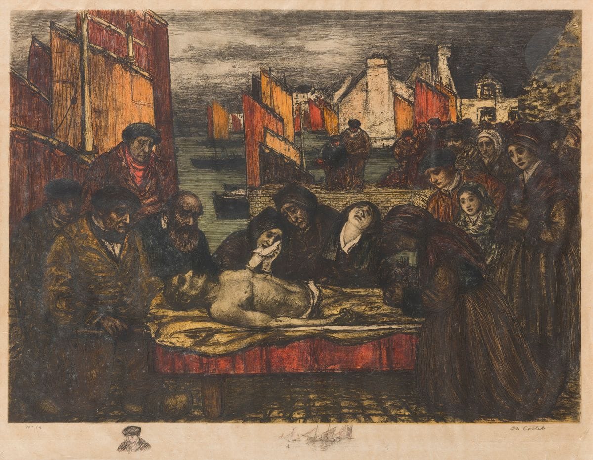 Charles Cottet (1863-1925) 
Douleur au pays de la mer, ou Les Victimes de la mer. 1908. Eau-forte. [650 x 545]. Morane 52. Impression en couleurs. Belle épreuve sur japon, l’une des 10 avec remarques dessinées au crayon (enfant à la casquette ; flottille de pêche), numérotée et signée au crayon, collée sur fond de cadre (isorel). Petites rousseurs claires et menus plis dans les marges réduites. Tirage ordinaire à 150 épreuves. Timbre R. T.