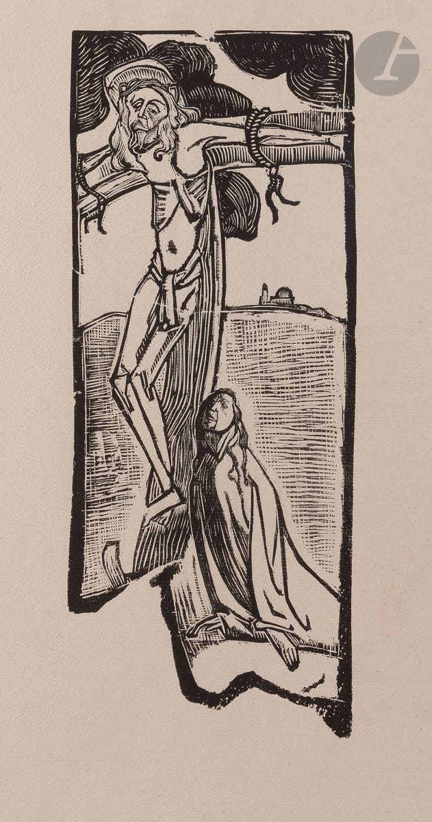 Émile Bernard (1868-1941) 
Crucifixion. 1891-1892. Bois gravé. 150 x 350. I.F.F. 1 ; Stein-Karshan 4 ; Morane 27. Belle épreuve sur vergé ivoire, non signée, finement doublée sur japon pelure, avec petites fractures restaurées en marge droite (à peine visibles). Trois morceaux d’adhésif aux bords du feuillet au verso. Toutes marges non ébarbées. Tirage à 100 épreuves pour L’Estampe originale (timbre sec : Lugt 819). Timbre R. T.