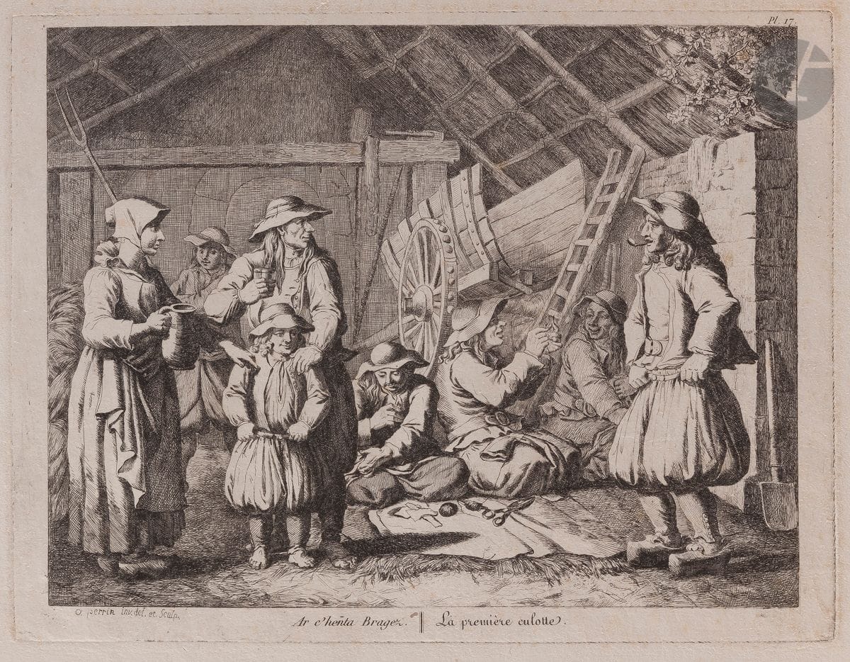 Olivier Perrin (1761-1832) 
Pl. pour la Galerie bretonne, ou Mœurs, usages et coutumes des Bretons de l’Armorique. 1835-1839. Eau-forte. Chaque 260 x 200. Épreuves sur vergé blanc, certaines rognées et / ou manquant de conservation, 2 coloriées, certaines avec le timbre R. T. Quelques sujets en double. Ens. 19 p.
