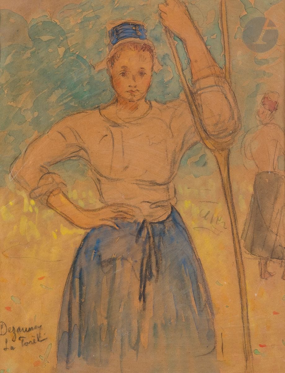 Émile Dezaunay (1854-1938) 
Peasant woman from La Forêt-Fouesnant. Watercolor over graphite on ivory laid paper. Sight: 225 x 300 Cat. Pont-Aven 39. Signed lower left and localized "La Forêt". Slightly oiled. Framed. On verso, exhibition label: "Emile Dezaunay, Musée de Pont-Aven, October 5, 1996-January 5, 1997".

This drawing was included in the "Dezaunay" exhibition at the Musée de Pont-Aven in 1996-1997 and appears in the catalog under no. 39 (repr.).