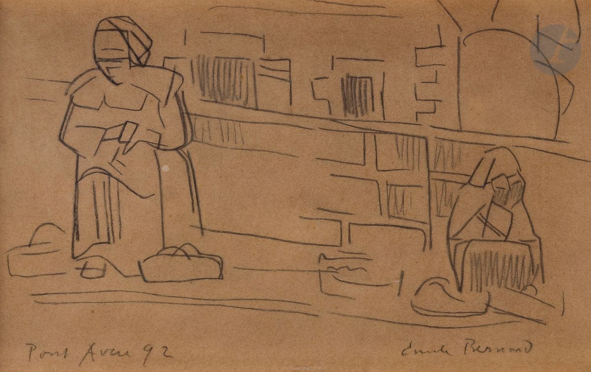 Émile Bernard (1868-1941) 
À Pont-Aven (Femmes au marché). 1892. Dessin. Mine de plomb sur vélin chamois. À vue : 295 x 187. Annoté « Pont Aven 92 » et signé en bas à droite. Petite tache blanche circulaire dans la figure de gauche. Cadre. Au verso, étiquette de la galerie Charpentier à la date de l’automne 1943 et étiquette de stock ; timbre de douane ; annotation de l’ancien propriétaire : « Exposition Aquarelles Dessins de l’école de Pont-Aven, musée de Pont-Aven, 1985, n° 6, reproduit au catalogue ».