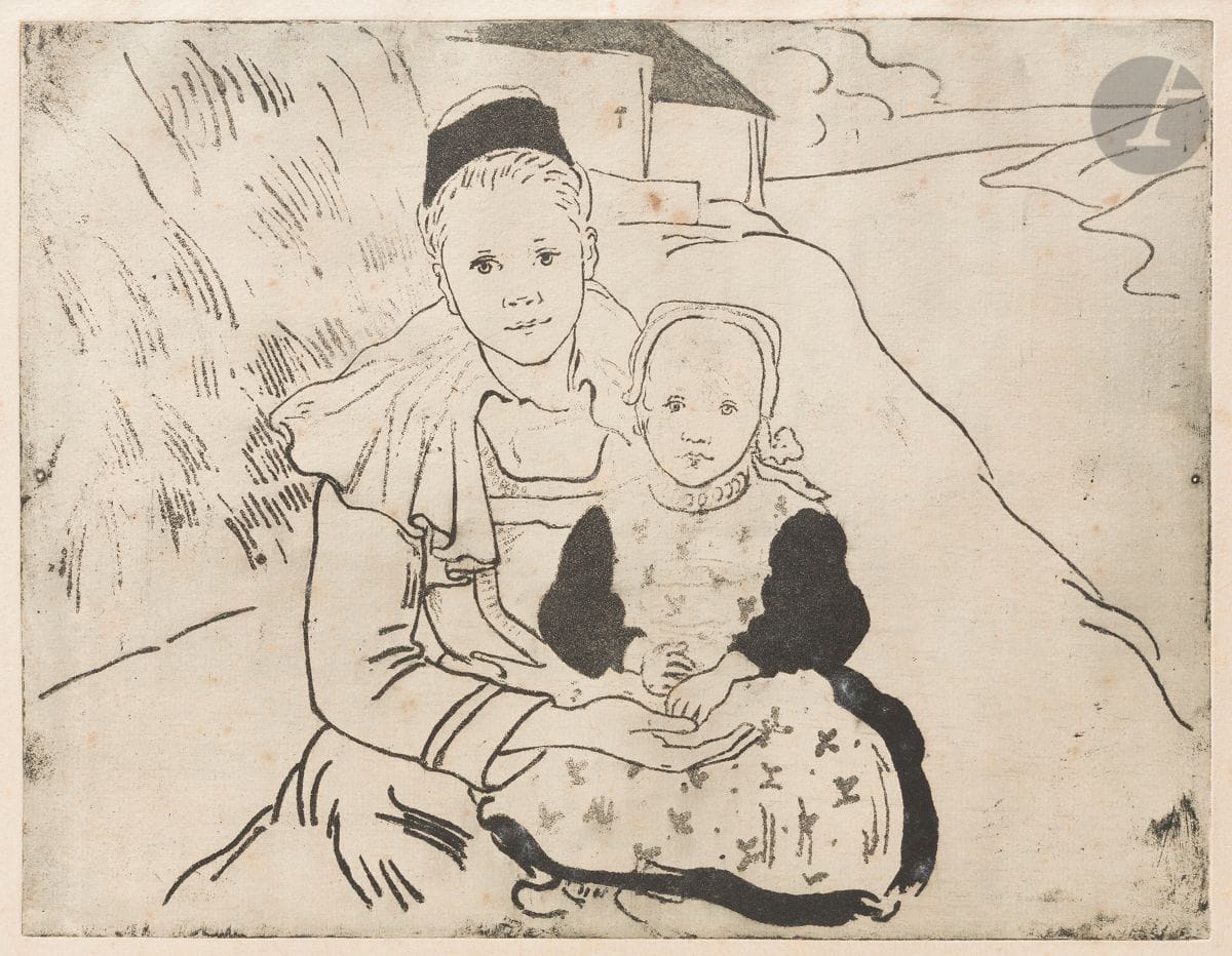 Émile Dezaunay (1854-1938) 
Young girl and child from Rosporden. Circa 1900-1910. Aquatint and soft varnish. 320 x 248. Cat. Pont-Aven 59. Fine proof on ivory vellum, of the only line plate printed in black. Some foxing. Full margins. Stamp R. T.