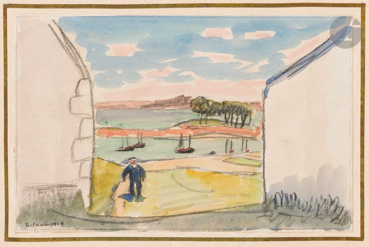 Jean Frélaut (1879-1954) 
View of a harbor between houses. 1919. Drawing. Black stone and watercolor, on thin vellum. [230 x 150]. Signed and dated lower left. Glued by the edges to beige vellum folio with gold fillet. Stamp R. T.
