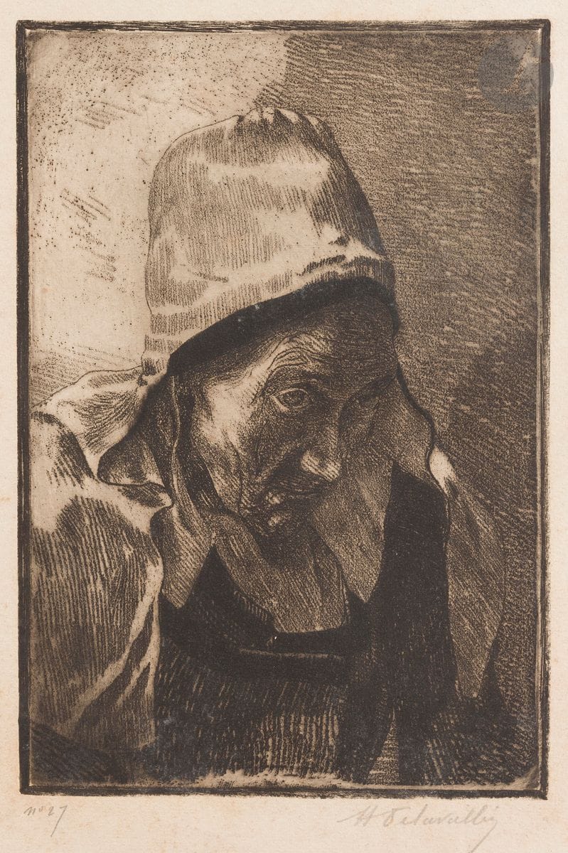 Henri Delavallée (1862-1943) 
Tête de vieille. 1892. Vernis mou sur zinc. 160 x 237. Morane 45. Très belle épreuve sur vélin ivoire, signée et numérotée au crayon. Rousseurs claires et traces claires d’oxydation. Toutes marges. Tirage à 50 épreuves. Timbre R. T.

Cette épreuve a figuré dans l’exposition Cent ans d’estampes en Bretagne, Le Faouët, 1998 (reproduite au catalogue sous le n° 189).
« Exposée sous le numéro 147 à la cinquième exposition des Peintres-Graveurs français, Galerie Durand-Ruel, du 7 au 28 avril 1893, ce portrait de paysanne bretonne penchée sur son âtre est d'un réalisme saisissant. La coiffe et le visage sont cernés d'un trait plus appuyé, dernier vestige du cloisonnisme cher à Bernard. » (M. Grivel, dir., Gauguin et l’École de Pont-Aven, catalogue d’exposition, Paris, Bibliothèque nationale, 1989, p. 58).