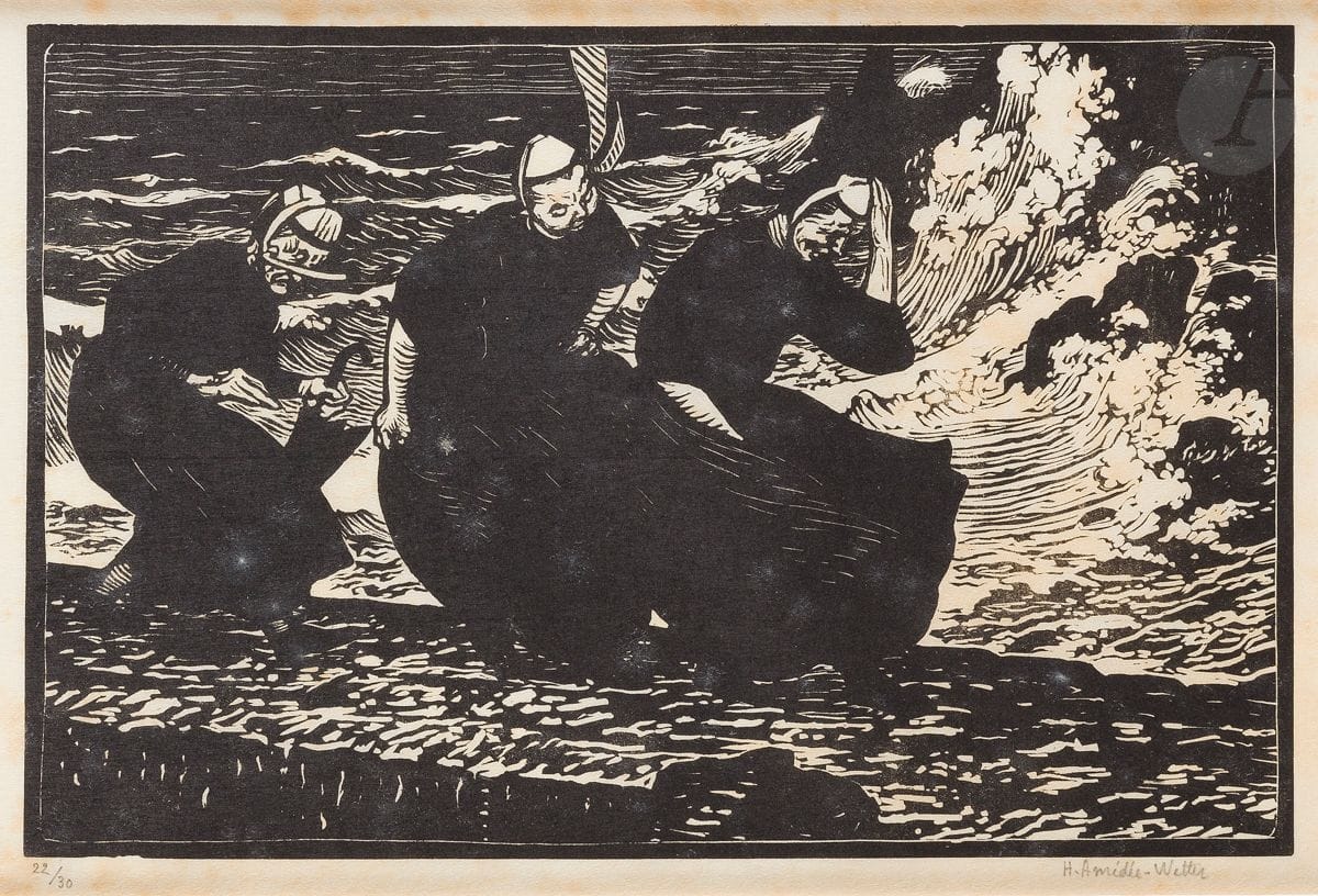 Henri Amédée-Wetter (Hippolyte Henri Amédée, known as) (1869-1929) 
The Wind. Circa 1900. Woodcut. 230 x 150. Fine proof on thin japon, numbered and signed in pencil. Light foxing. Full margins. Edition of 30 proofs. Stamp R. T.

This print was included in the exhibition Before and after Gauguin, Atlanta, 2008.