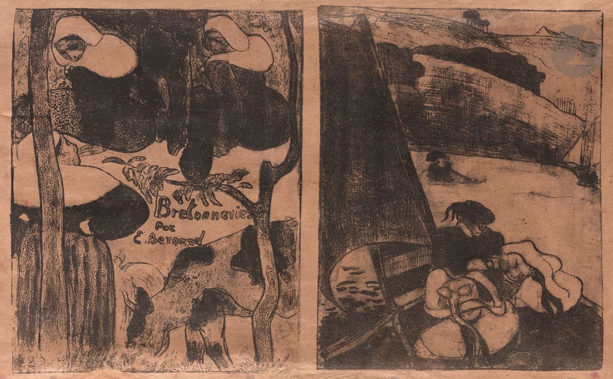 Émile Bernard (1868-1941) 
Title page (Trois femmes et une vache dans un pré); Bretons en barque sur l'Aven, ou Le Retour du pardon (Pl. des Bretonneries). 1889. Zincography. [550 x 370]. Morane 9 and 10. Exceptional and to date the only known trial proof of the two subjects printed on a single sheet of buff vellum, finely lined on japon pelure. Horizontal tear of 55 mm at the left edge, reaching the tree trunk. Another long oblique fracture above the word "Bretonneries". Minimal tears and small holes at the edges of the sheet, inherent to the texture of the paper. Stamp R. T. (bottom left and right again).

Provenance (according to a handwritten note by the owner on the reverse of the mount): "Mélanie à Riec-sur-Belon (long framed in the restaurant room)".
This print was featured in the Bibliothèque Nationale exhibition, Gauguin et l'École de Pont-Aven, 1989 (cited in the catalog p. 46) and in the Atlanta exhibition, Before and After Gauguin, 2008.
"This suite of zincographs, a technique similar to lithography but in which the zinc plate replaces the porous limestone, printed in black was first shown at the Café Volpini during the Impressionist and Synthetist group's painting exhibition in May 1889. [...] 
The zincs began to be drawn at the end of 1888 while Gauguin was still in Arles, and the work was completed in the early months of 1889. 
These rather "rustic" plates do not have the finish of Gauguin's, and it is doubtful that the black print was made by a professional printer of Ancourt's quality. [...]
For us, it is certain that the plates presented were in black, not colored. Presented at the same time as those by Gauguin printed in black, a special mention would have been made in the catalog if they had been watercolor proofs. 
The coloring only came later, in an attempt to sell them". (D. Morane, Emile Bernard, catalog raisonné de l'œuvre gravé, Musée de Pont-Aven, Bibliothèque d'Art et d'Archéologie Jacques Doucet, Paris, 2000, p. 19).
"The catalog for the Volpini exhibition in Paris in May 1889 mentions "visible on request an album of lithographs by Paul Gauguin and Émile Bernard". But in the absence of a more precise list, as with the paintings [...] we still don't know what Émile Bernard is presenting. While art historians agree that it was Les Bretonneries, we cannot, in the present state of knowledge, specify exactly how many plates were exhibited, or in what order." (M. Grivel, ed., Gauguin et l'École de Pont-Aven, exhibition catalog, Paris, Bibliothèque nationale, 1989, p. 49).
"This is [...] the triumph of synthetism, with the crushing of perspective, the simplification of lines, the broad flat tints used in watercolor to make color sing. The influence of the Japanese and Hiroshige's truncated compositions can also be seen here: the cut sail of the Bretons on the Aven is reminiscent of Arai Watasbi-bune (plate 32 of Tokaido)...". (M. Grivel, ed., Gauguin et l'École de Pont-Aven, exhibition catalog, Paris, Bibliothèque nationale, 1989, p. 49).