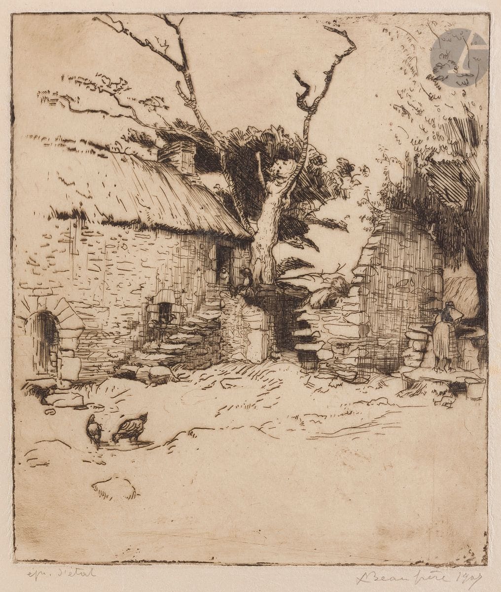 Adolphe Beaufrère (1876-1960) 
Françoise au puits, ou Ferme en ruine à Merrien. 1907. Eau-forte. 160 x 185. Morane 07-13. Très belle épreuve sur japon mince, avant de nouveaux travaux, avant la signature et la date gravées, annotée « epr. d’état », signée et datée au crayon. Toutes marges. Tirage définitif à 20 épreuves. Timbre R. T. Joint : même sujet. Très belle épreuve de l’état définitif, sur japon vergé, timbrée (Lugt 3213). Timbre R. T. Toutes marges. Ens. 2 p.