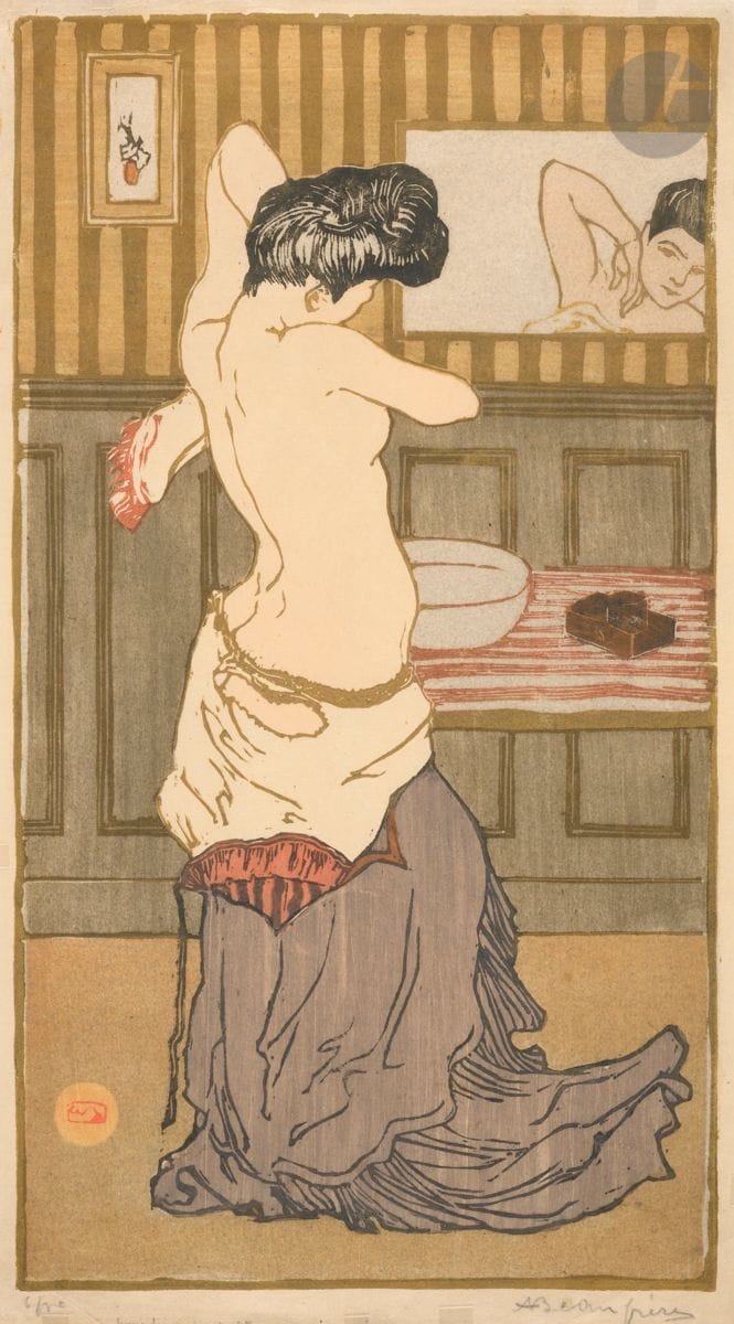 Adolphe Beaufrère (1876-1960) 
Jeune femme à sa toilette. 1902. Bois gravé. 195 x 360. Morane B-2. Impression en couleurs. Très belle épreuve sur japon, numérotée et signée au crayon puis titrée en pied. Pli souple oblique diagonal. Quelques autres traces de plis. Toutes marges. Très rare. Tirage à 10 épreuves en noir (tirage en couleurs inconnu). Timbre R. T.

Cette épreuve a figuré dans l’exposition Cent ans d’estampes en Bretagne, Le Faouët, 1998 (reproduite sous le n° 234).