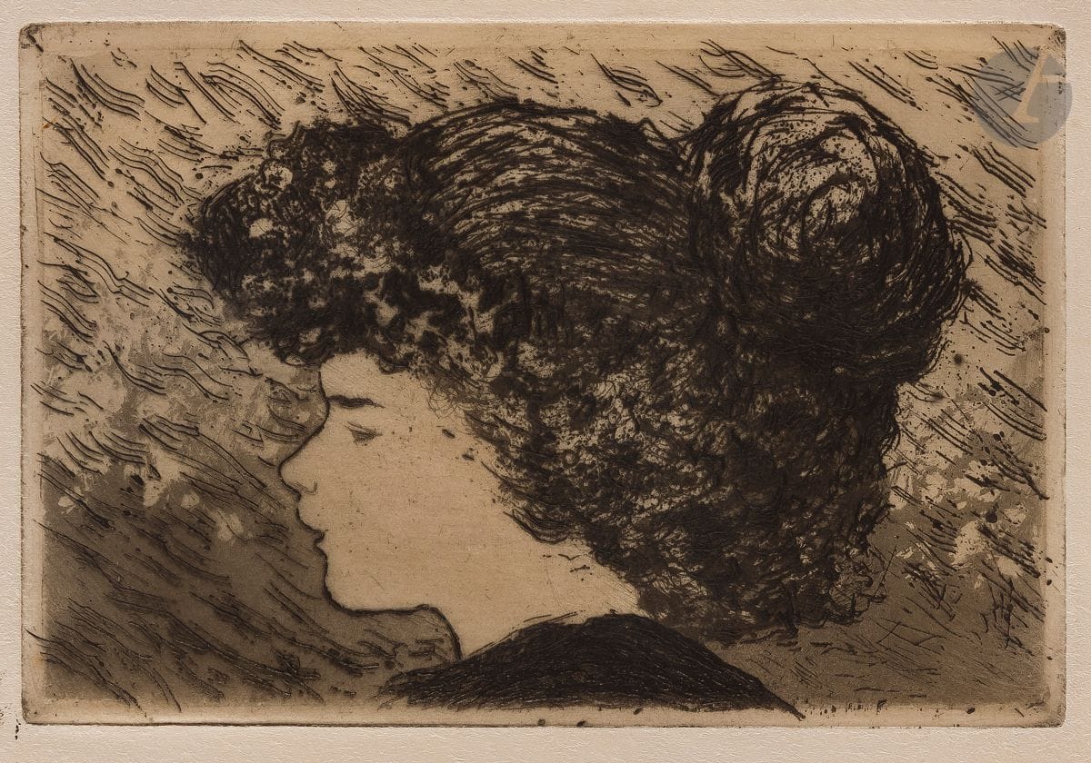 Charles Cottet (1863-1925) 
Jeune fille au gros chignon. 1905. Eau-forte et pointe sèche. 167 x 112. Morane 37. Très belle épreuve sur vélin ivoire. Toutes marges non ébarbées. Timbre R. T.