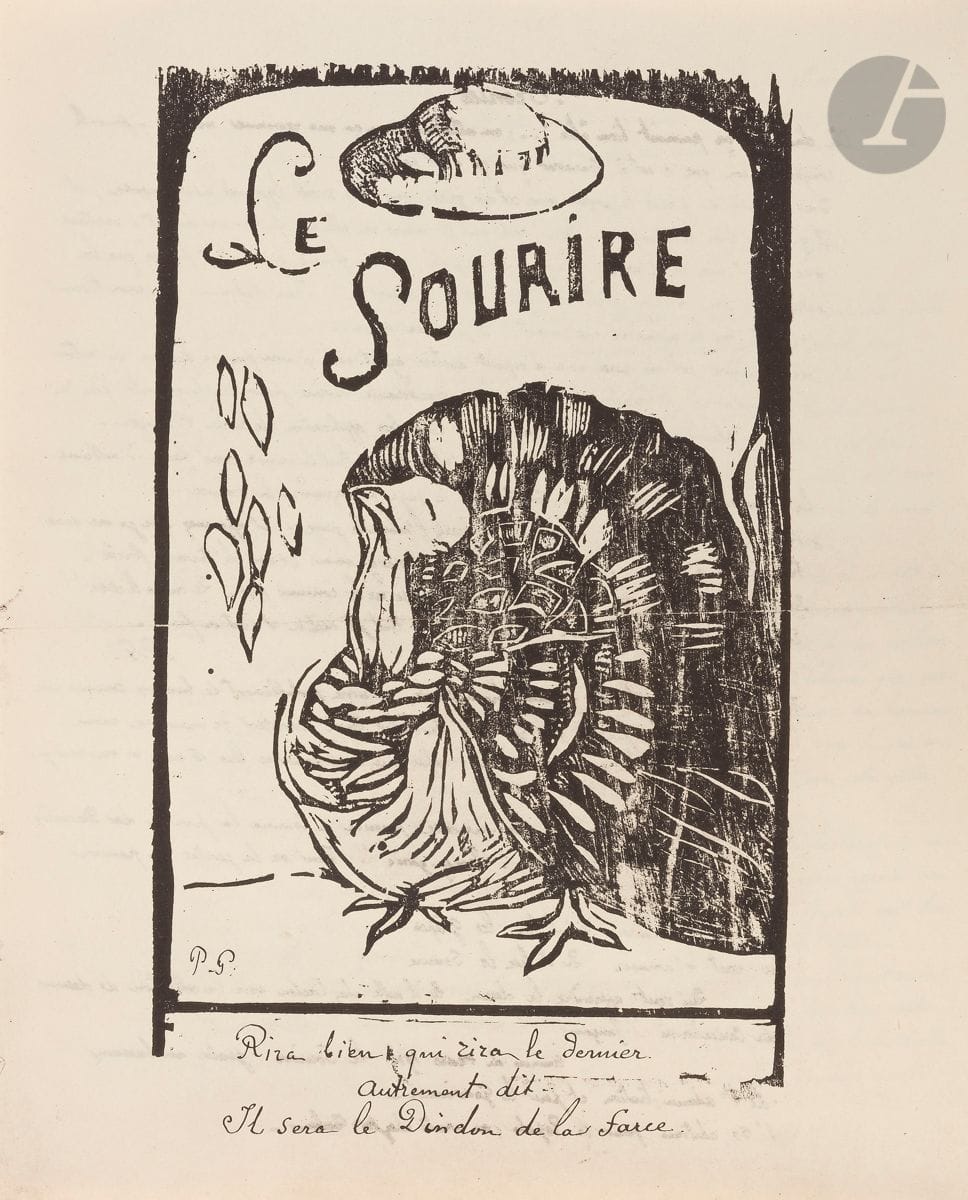 Paul Gauguin (1848-1903) (d’après) 
Le Sourire de Paul Gauguin. Collection complète en fac-similé. Introduction et notes par L.-J. Bouge. Paris, éd. G.-P. Maisonneuve et Cie et Max Besson, Libraire, 1952. Un vol. petit in-fol. en feuilles, texte non coupé, contenant le fac-similé d’une édition complète du journal ainsi que des reproductions des sujets gravés sur bois. Quelques rousseurs claires. Portefeuille orné de l’édition avec étiquette illustrée (fac-similé d’un des sujets) collée sur le plat supérieur. Ex. numéroté, d’un tirage à 1000. Timbre R. T.