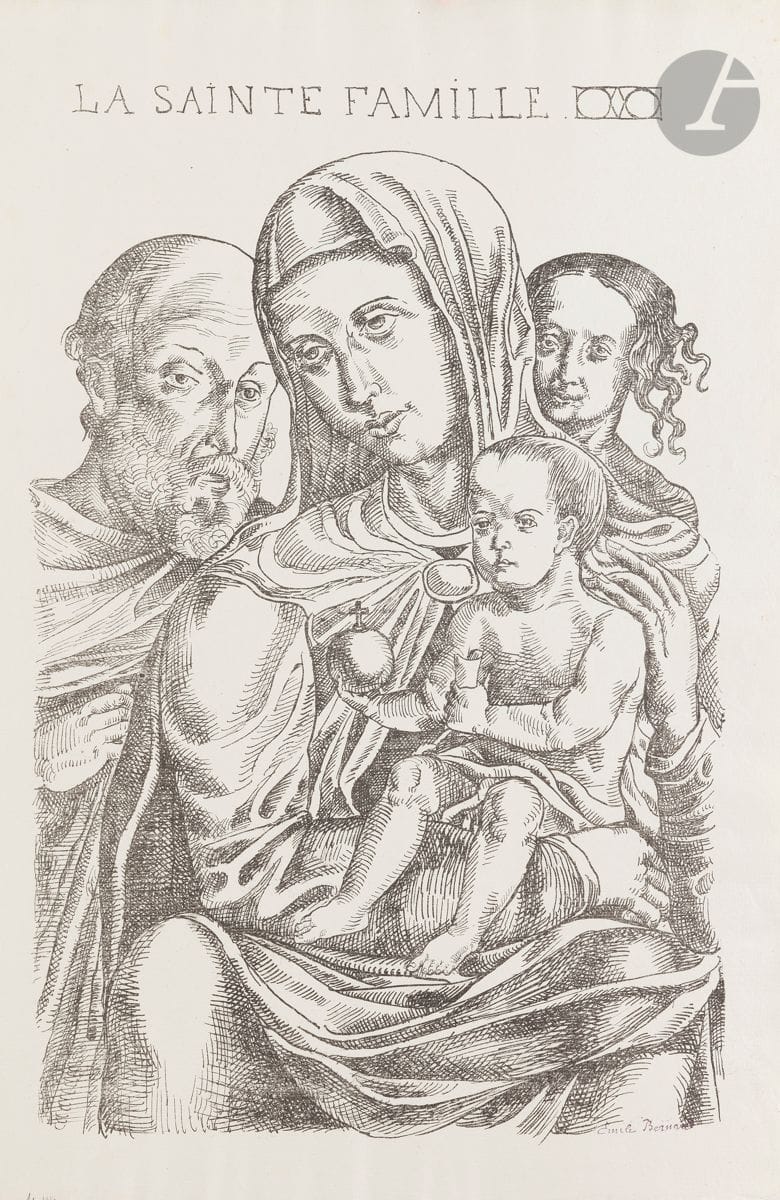 Émile Bernard (1868-1941) 
La Sainte Famille. 1895. Lithographie. [405 x 570]. Morane 44. Très belle épreuve sur vergé blanc, non coloriée, revêtue du petit timbre violet de la signature. Toutes marges. Timbre R. T.