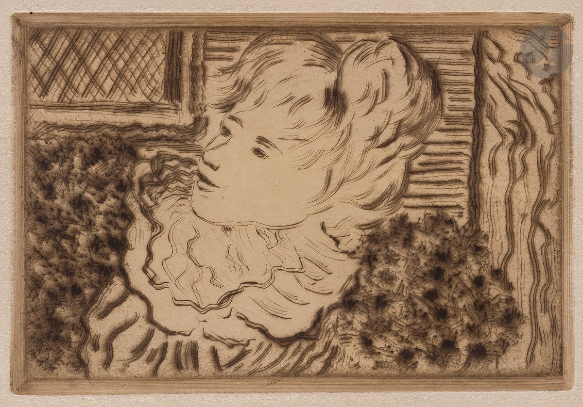 Charles Cottet (1863-1925) 
Femme dans la serre. 1905. Eau-forte et pointe sèche. 167 x 112. Morane 34. Très belle épreuve sur vélin ivoire. Large rousseur claire sous le sujet. Toutes marges non ébarbées. Tirage à 35 épreuves. Timbre R. T.