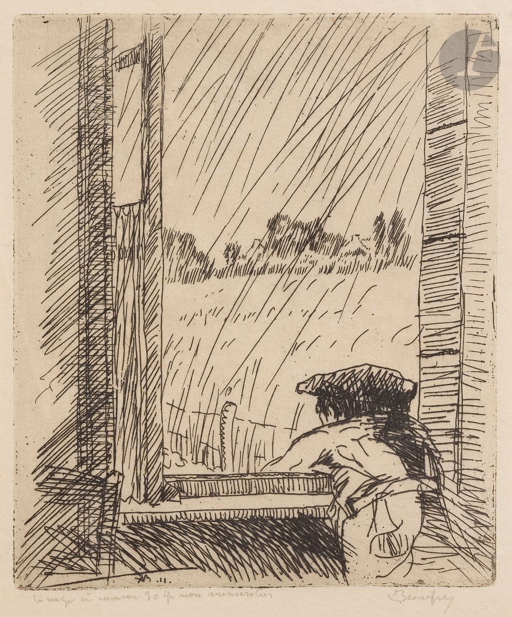 Adolphe Beaufrère (1876-1960) 
The Rain. 1911. Etching. 145 x 175. Morane 11-02. Very fine proof on thin ivory vellum, annotated in pencil "tirage à environ 30 ép. non numérotées" and signed. Full margins. Stamp R. T.
