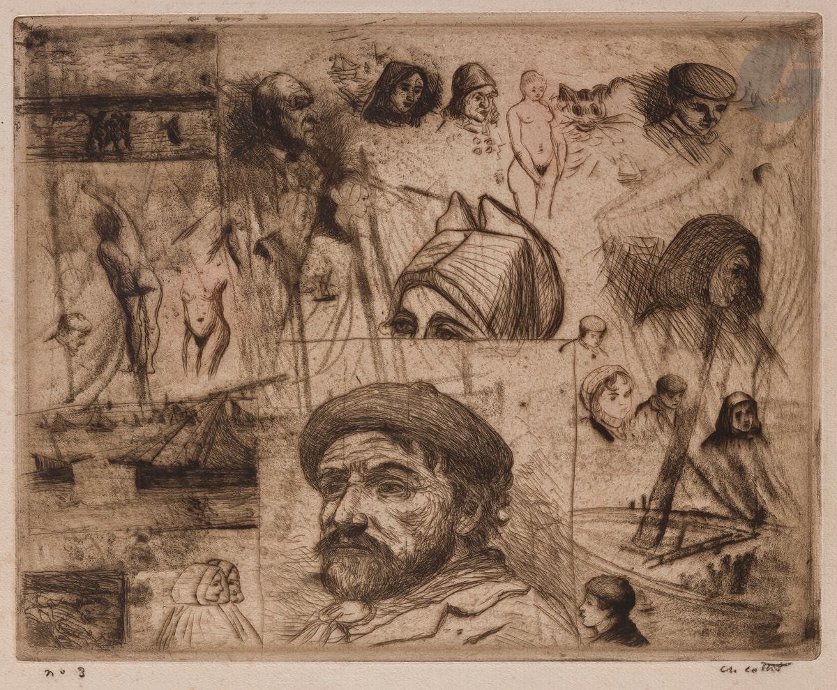 Charles Cottet (1863-1925) 
Croquis à la tête de marin en béret. Eau-forte, vernis mou et pointe sèche. 273 x 225. Morane 62. Très belle épreuve tirée en noir bistré sur vergé ivoire, numérotée et signée à la pierre noire. Légères rousseurs et empoussiérage. Petite tache rousse sur le bord supérieur. Toutes marges. Tirage à 35 épreuves. Timbre R. T.

Cette épreuve a figuré dans l’exposition Charles Cottet, Le Savoyard, peintre voyageur, Évian, 2000.