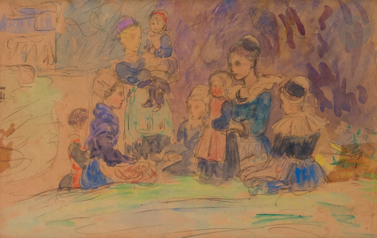 Émile Dezaunay (1854-1938) 
Women and children from Fouesnant and Plougastel at the pardon, or Breton women with their children. 1928. Watercolor over graphite on thin ivory wove paper, dedicated at foot "A Madame Aymard / Souvenir bien amical. 1928 ". [325 x 247]. Cat. Pont-Aven 53. Two large traces of oxidized glue on the side edges of the central leaf. Traces of folds along right edge. Stamp R. T. Cadre. On verso, exhibition label: "Emile Dezaunay, Musée de Pont-Aven, October 5, 1996-January 5, 1997".

This drawing was included in the "Dezaunay" exhibition at the Musée de Pont-Aven in 1996-1997 and appears in the catalog under no. 53 (repr.).