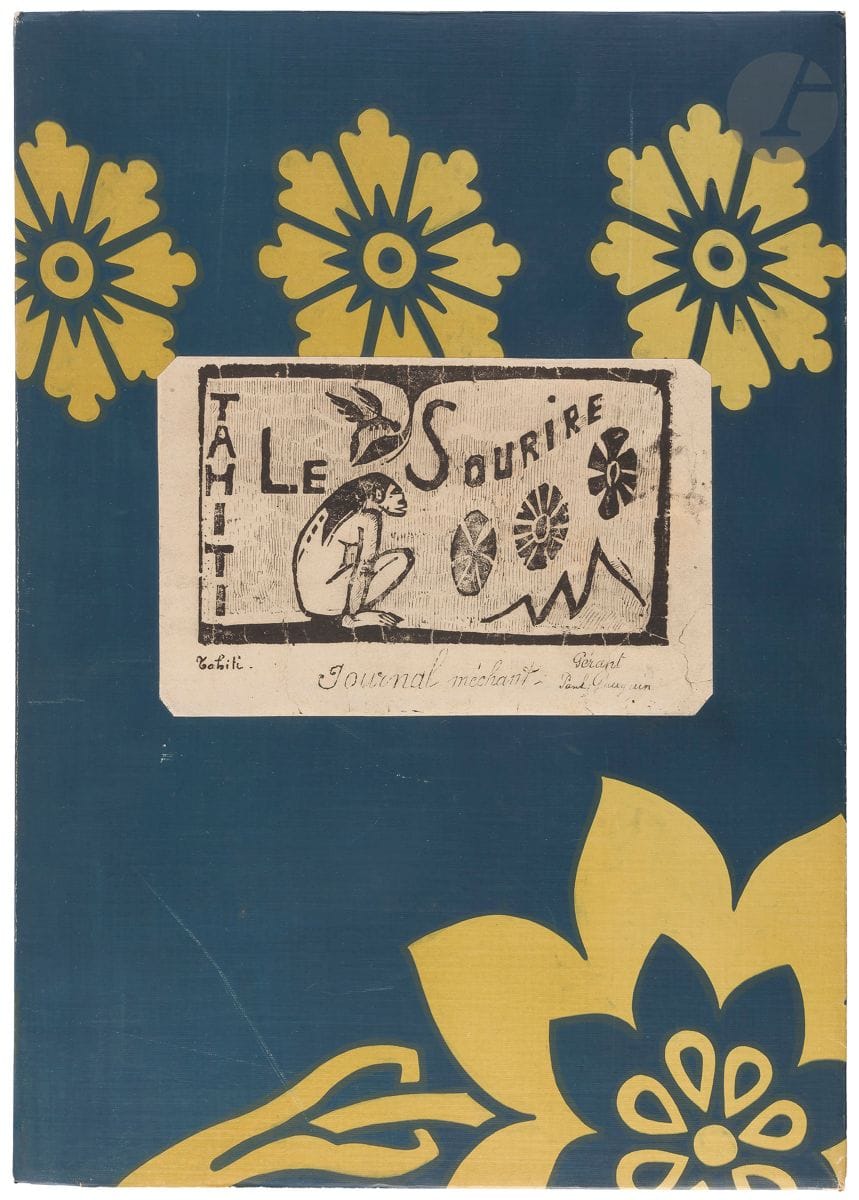 Paul Gauguin (1848-1903) (d’après) 
Le Sourire de Paul Gauguin. Collection complète en fac-similé. Introduction et notes par L.-J. Bouge. Paris, éd. G.-P. Maisonneuve et Cie et Max Besson, Libraire, 1952. Un vol. petit in-fol. en feuilles, texte non coupé, contenant le fac-similé d’une édition complète du journal ainsi que des reproductions des sujets gravés sur bois. Portefeuille orné de l’édition avec étiquette illustrée (fac-similé d’un des sujets) collée sur le plat supérieur. Ex. numéroté, d’un tirage à 1000. Timbre R. T.
