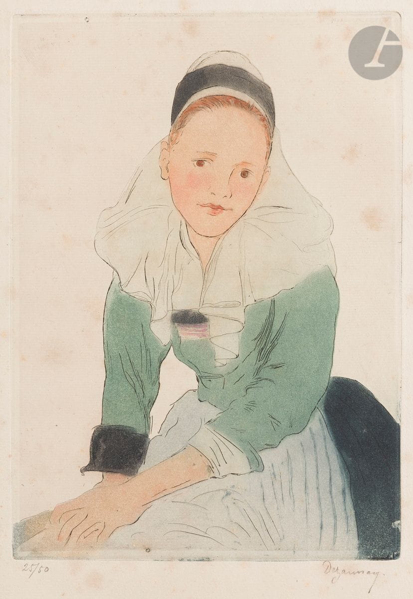Émile Dezaunay (1854-1938) 
Jeune fille de Rosporden assise. Vers 1892. Eau-forte et aquatinte. 200 x 278. Cat. Pont-Aven 66. Impression en couleurs. Belle épreuve sur vergé crème, numérotée et signée au crayon. Larges rousseurs claires éparses. Toutes marges. Tirage à 50 épreuves. Timbre sec : Ed. Sagot éditeur Paris (Lugt 2254). Timbre R. T. sur le montage.

Cette épreuve a figuré dans les expositions suivantes : Cent ans d’estampes en Bretagne, Le Faouët, 1998 (reproduite au catalogue sous le n° 206) ; Before and After Gauguin, Atlanta, 2008.