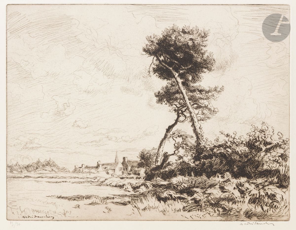 André Dauchez (1870-1948) 
Chemin de Loctudy, ou Près de Loctudy. 1925. Eau-forte. 370 x 280. Brugal 306-25. Très belle épreuve sur vélin fort ivoire, numérotée et signée au crayon, puis titrée en pied. Toutes marges. Tirage à 30 épreuves. Timbre R. T.