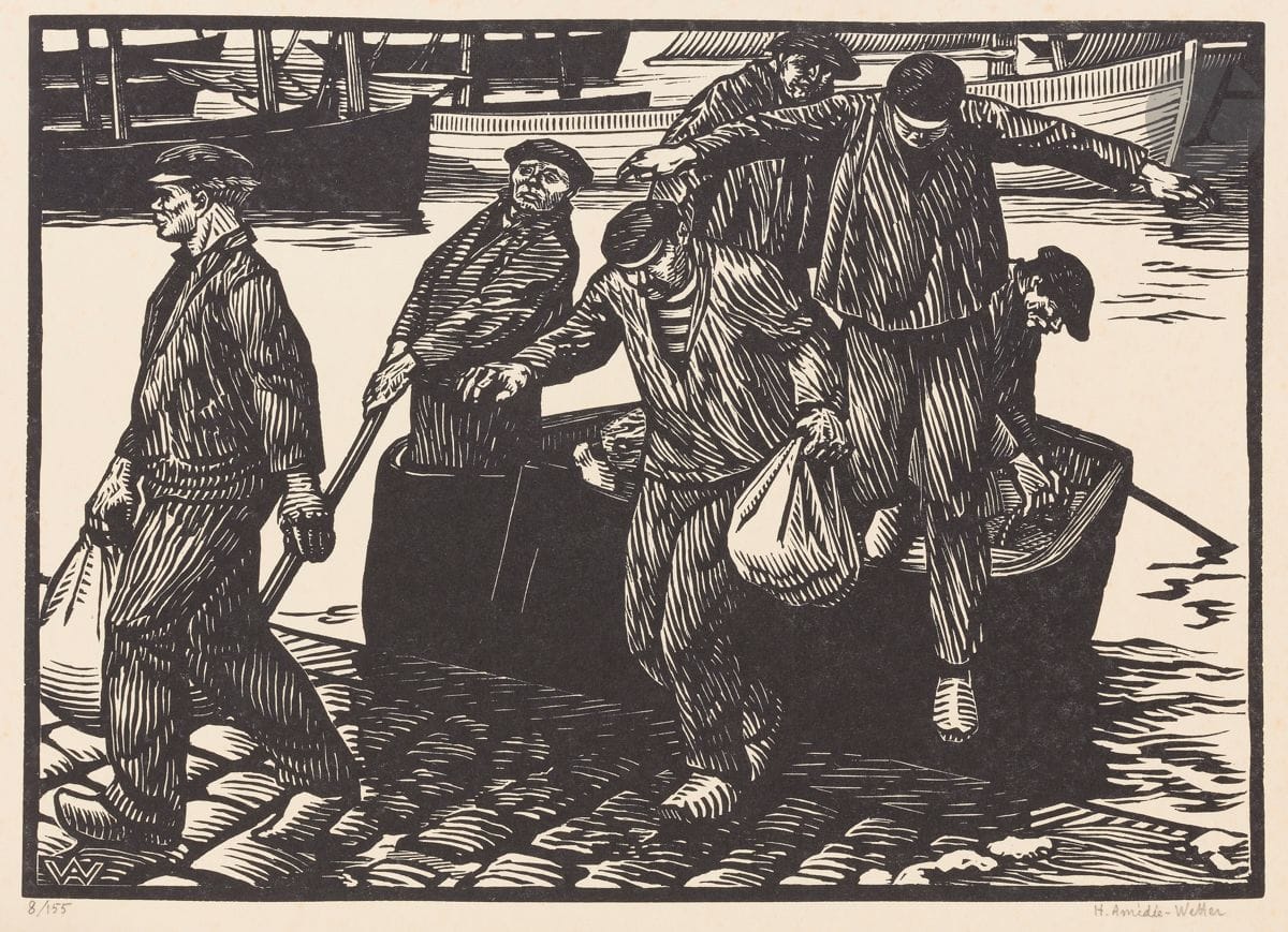 Henri Amédée-Wetter (Hippolyte Henri Amédée, dit) (1869-1929) 
Retour de pêche. Vers 1920. Bois gravé. 295 x 210. Très belle épreuve sur vélin ivoire, numérotée et signée au crayon. Rousseurs essentiellement marginales. Toutes marges. Tirage à 155 épreuves. Timbre sec : Société de la Gravure sur Bois Originale (Lugt 1140a). Timbre R. T.