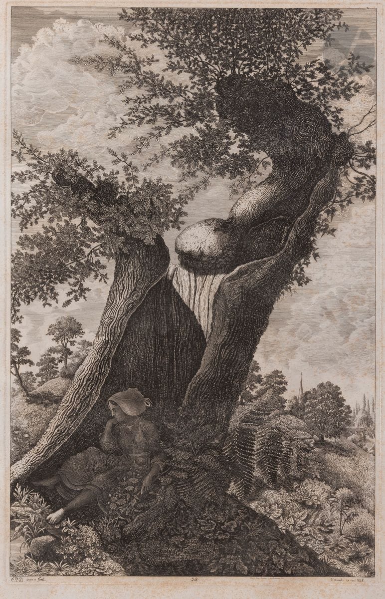 Emmanuel Phelippes-Beaulieux (1829-1874) 
Le Gros chêne creux. 1858. Eau-forte et roulette. 280 x 437. Belle épreuve sur vélin crème. Innombrables rousseurs. Toutes marges. Timbre R. T.

Cette épreuve a figuré dans les expositions suivantes : Cent ans d’estampes en Bretagne, Le Faouët, 1998 (reproduite au catalogue sous le n° 123) ; Before and After Gauguin, Atlanta, 2008.