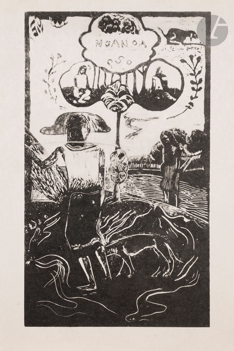 Paul Gauguin (1848-1903) (after) 
Noa Noa (unpublished manuscript by Paul Gauguin reproduced in facsimile by Daniel Jacomet). Paris, Sagot-Le Garrec, 1954. One vol. in-fol. [280 x 410], leaves, in tightly-folded white imitation-japan cover illustrated with a reproduction of a woodcut by Gauguin, complete with letter and envelope from Ch. Morice to Edmond Sagot. Trace of crease along right edge of upper cover. Numbered copy, of an edition announced at 1050 copies (of which only 400 were printed). Stamp R. T.