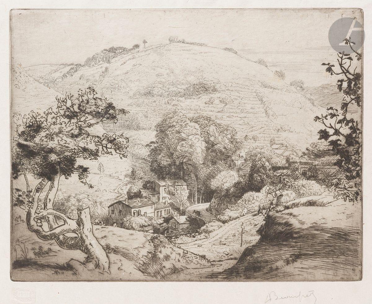 Adolphe Beaufrère (1876-1960) 
Algerian landscape at Frais Vallon. 1912. Etching. 250 x 195. Morane 12-07. Very fine proof on chine volant, signed in pencil. Full margins. Edition of 109 proofs for the Société des Amis de l'Eau-forte. Dry stamp: Cercle de la Librairie (Lugt 438). Stamp R. T.
