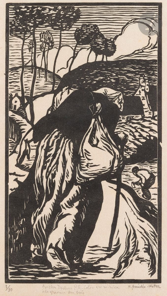 Henri Amédée-Wetter (Hippolyte Henri Amédée, dit) (1869-1929) 
Mendiante cheminant. Vers 1900. Bois gravé. 97 x 175. Très belle épreuve sur japon pelure, numérotée et signée au crayon, dédicacée « Au cher Docteur P. E. Colin qui m’initia / à la gravure sur bois ». Une rousseur en pied. Toutes marges. Timbre R. T. sur le support.