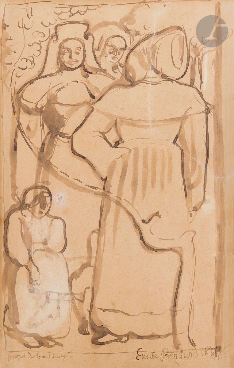 Émile Bernard (1868-1941) 
Trois Bretonnes, enfant et oie. 1888. Dessin. Lavis d’encre sépia sur vergé mince ivoire. [255 x 400]. Annoté en bas à gauche « projet de bois sculpté », signé et daté en bas à droite « 1888 ». Collé sur Canson gris. Longue déchirure courant à travers le quart supérieur droit du sujet. Petits accidents et autres courtes déchirures aux bords du feuillet. Timbre R. T. Joint : verso de l’ancien cadre avec étiquettes (deux de transport pour les expositions d’Atlanta en 2005 et 2008, une de l’exposition « Gauguin : The Vision of the Sermon », Édimbourg, 2005).

Ce dessin a figuré dans les expositions suivantes : Masterpieces from European Artist Colonies, 1830-1930, Atlanta, 2005 et Before and After Gauguin, Atlanta, 2008 ; Gauguin’s Vision, Édimbourg, 2005.