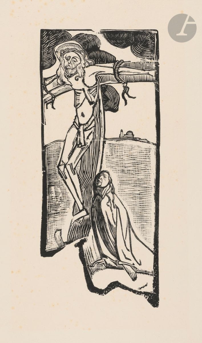 Émile Bernard (1868-1941) 
Crucifixion. 1891-1892. Bois gravé. 150 x 350. I.F.F. 1 ; Stein-Karshan 4 ; Morane 27. Très belle épreuve sur vergé ivoire, non signée. Rousseurs claires. Petits accidents restaurés aux bords du feuillet. Toutes marges non ébarbées. Tirage à 100 épreuves pour L’Estampe originale (timbre sec : Lugt 819). Timbre R. T.