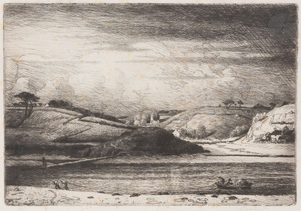 Adolphe Beaufrère (1876-1960) 
La Laïta au Pouldu. 1919. Eau-forte. 260 x 180. Morane 19-01. Très belle épreuve sur chine volant, numérotée et signée au crayon. Rousseurs claires. Toutes marges. Tirage à 50 épreuves. Timbre R. T.