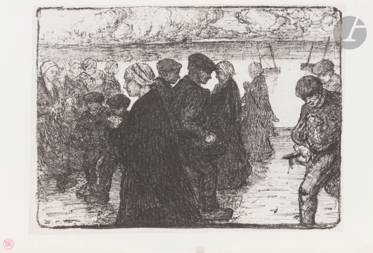 Charles Cottet (1863-1925) 
Bretonnes sur le quai. 1894 ; Au pays de la mer – Soir orageux, des gens passent. 1897. Zincographie ; lithographie. 220 x 162 et 203 x 150. Morane 1 et 3. Belles épreuves, la 1re sur vélin glacé mince ivoire, du tirage pour la Revue blanche, la 2e sur chine appliqué, du tirage pour L’Artiste. Le bord supérieur légèrement déchiqueté à la 1re. Bonnes marges. Timbre R. T. Ens. 2 p.

Ces sujets ont figuré dans l’exposition Charles Cottet, Le Savoyard, peintre voyageur, Évian, 2000.