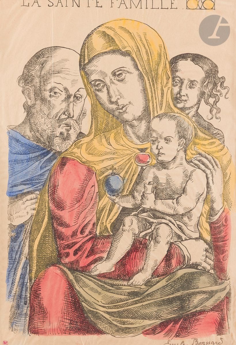 Émile Bernard (1868-1941) 
La Sainte Famille. 1895. Lithographie. [350 x 520]. Morane 44. Belle épreuve sur vélin mince beige, aquarellée par l’artiste, du tirage pour la revue Perhinderion, revêtue du timbre de la signature en noir. Plis souples. Toutes marges. Timbre R. T.

Planche parue dans le numéro 2 de la revue éphémère Perhinderion (« le pardon » en breton), dont seuls deux numéros virent le jour. La revue était éditée par A. Jarry, qui en 1896 venait de se séparer de R. de Gourmont avec qui il éditait précédemment L’Ymagier. Le but de la revue était de reproduire fidèlement les estampes anciennes et populaires des images de colportage.