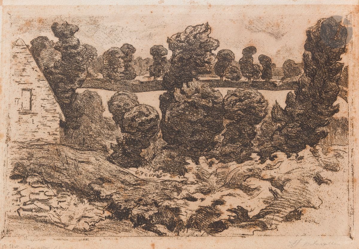 Henri Delavallée (1862-1943) 
Les Chênes têtards (Bretagne). 1892-1893. Vernis mou sur zinc. 290 x 195. Morane 49. Bonne épreuve sur vergé crème, fortement insolée, annotée au crayon « 1er Etat 1re ep. nature » et signée. Fortes rousseurs. Petites marges. Timbre R. T. Joint : La Rue du hameau Lefèvre à Landemer. 1891. Eau-forte, vernis mou et aquatinte. 315 x 265. Morane 12. Très belle épreuve sur vergé crème, annotée en bas au crayon dans le sujet « Etat unique » et signée. Rousseurs claires. Pli souple oblique médian. Toutes marges. Tirage à 50 épreuves. Timbre R. T. Ens. 2 p.

« L'emploi du vernis mou permet ici à Henri Delavallée de moduler les volumes et de graduer les différents plans. L’utilisation du zinc renforce encore cette impression de mollesse et explique l’effet de brume qui provient d’un essuyage médiocre. Les chênes têtards ont intéressé les artistes de l’Ecole de Pont-Aven : on retrouve les formes tournoyantes de leurs branches rabougries chez Roderic O’Conor, par exemple (Les Grands arbres) ; Chênes têtards a été présenté, sous le numéro 148, à la cinquième exposition des Peintres-Graveurs du 7 au 28 avril 1893. » (M. Grivel, dir., Gauguin et l’École de Pont-Aven, catalogue d’exposition, Paris, Bibliothèque nationale, 1989, p. 58).