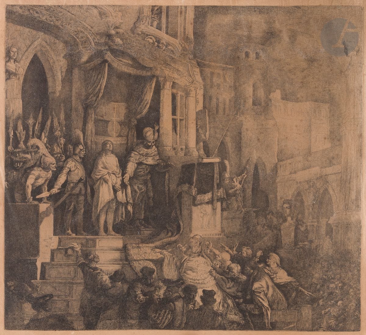 Jean-Pierre Norblin de la Gourdaine (1745-1830)
Ecce Homo. Vers 1780. Eau-forte. 403 x 365. Hillemacher 9. Belle épreuve en tirage moderne sur vergé mécanique chamois. Quelques infimes trous dans le sujet. Oxydation du feuillet et rousseurs éparses. Petites marges normales. Timbre R. T.