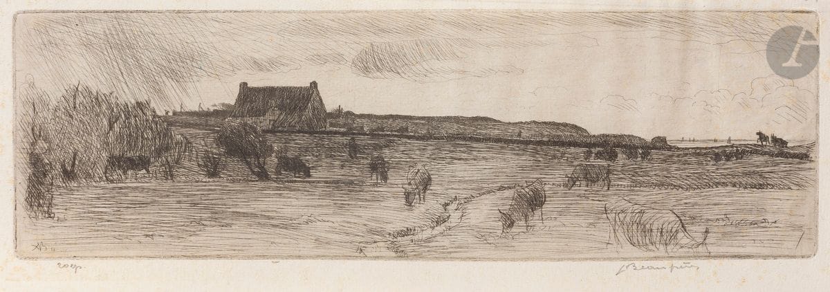 Adolphe Beaufrère (1876-1960) 
La Prairie au bord de la mer. 1911. Eau-forte. 258 x 80. Morane 11-03. Belle épreuve sur vergé mince, annotée « 20 ép » et signée au crayon. Infimes rousseurs claires. Petites marges normales. Timbre R. T. Joint : Le Chemin du port, Merrien. 1920. Eau-forte. 191 x 135. Morane 20-03. Très belle épreuve sur japon mince. Belles marges (celle de gauche irrégulière). Timbre R. T. Ens. 2 p.