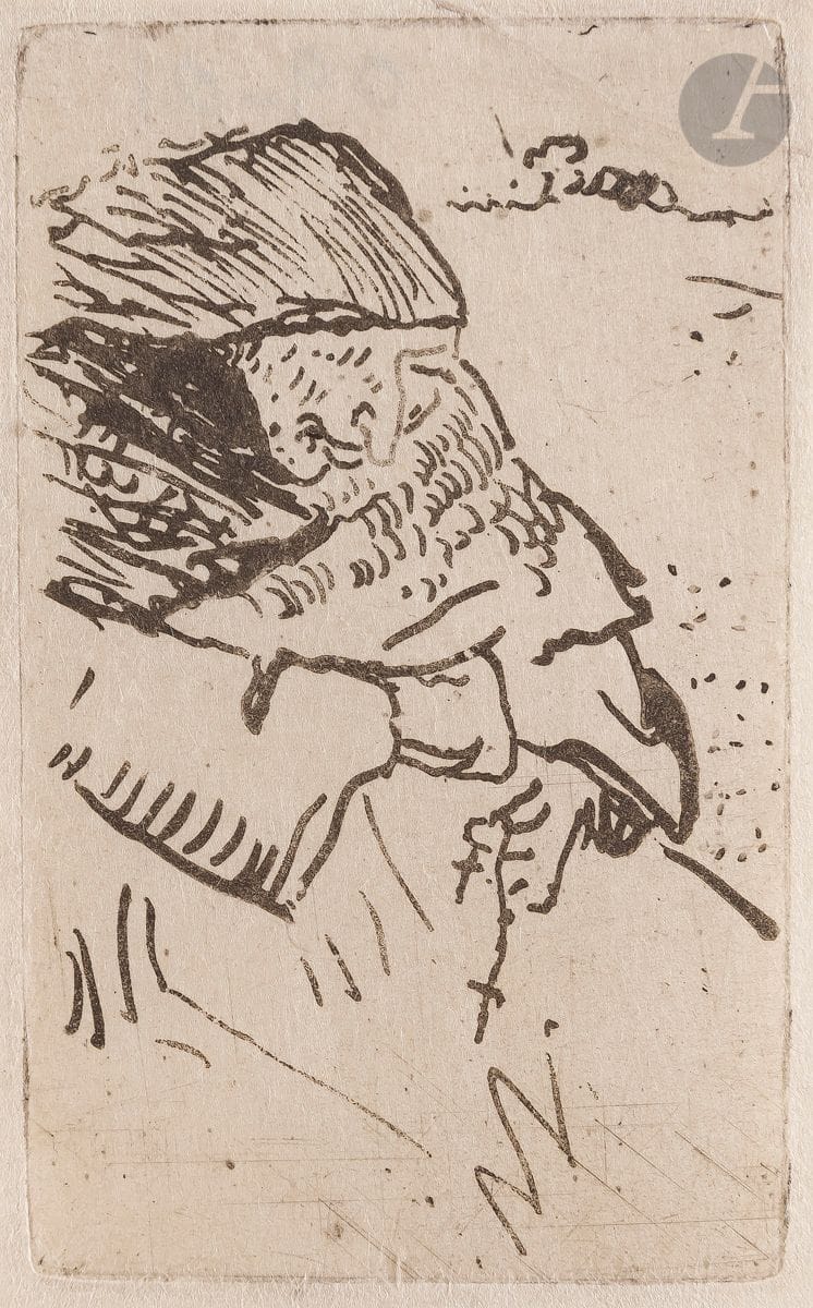 Adolphe Beaufrère (1876-1960) 
La Vieille au chapelet. 1909. Eau-forte. 45 x 70. Morane 09-01. Très belle épreuve sur vélin mince. Filets de marges normaux. Tirage annoncé à 20 épreuves. Timbre R. T.