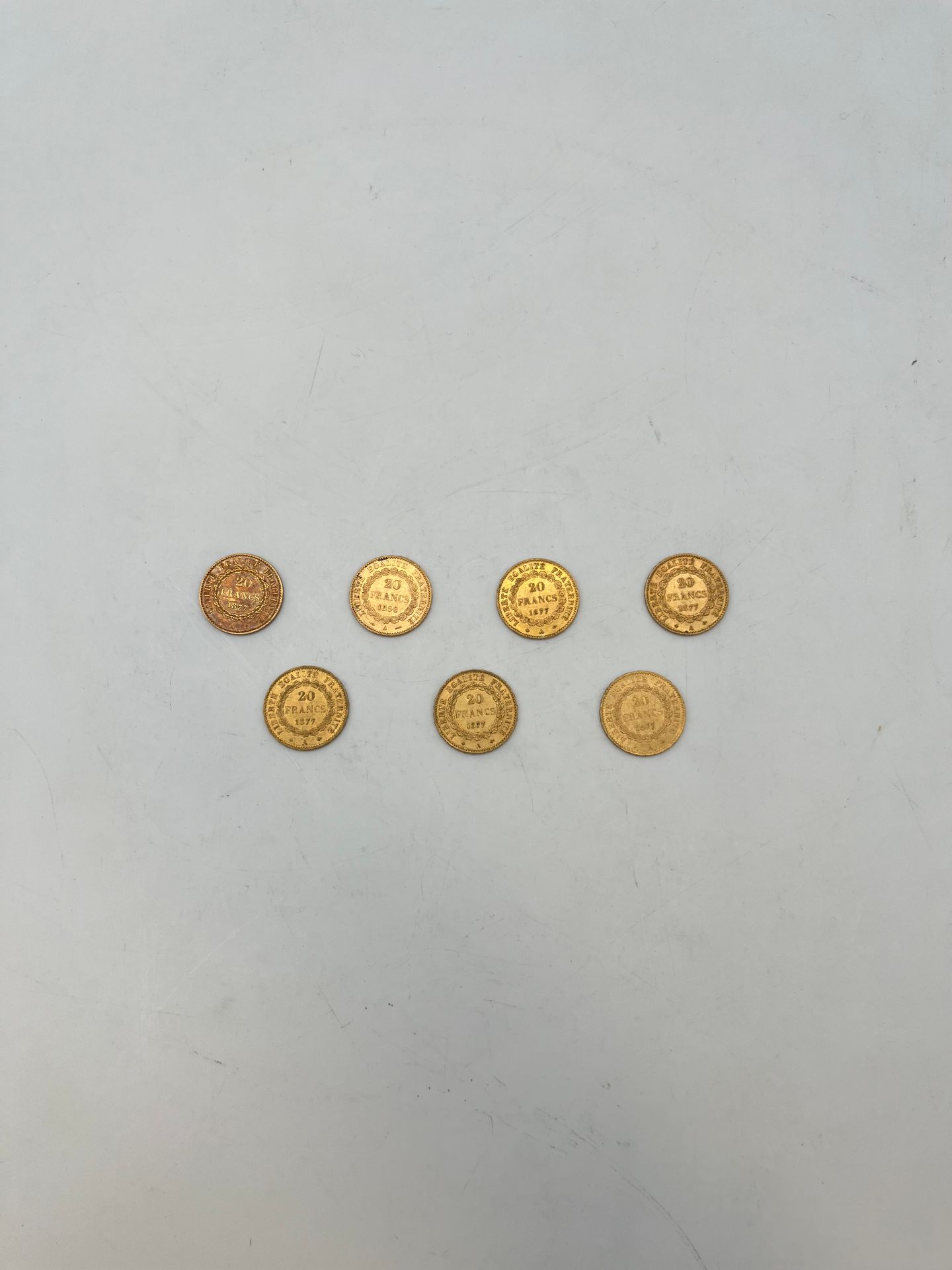 7 pièces de 20 Francs en or. Type Génie. 1877 A (6) - 1896 A
Frais acheteur pièces et lots en or : 9,6% TTC -  8% HT 