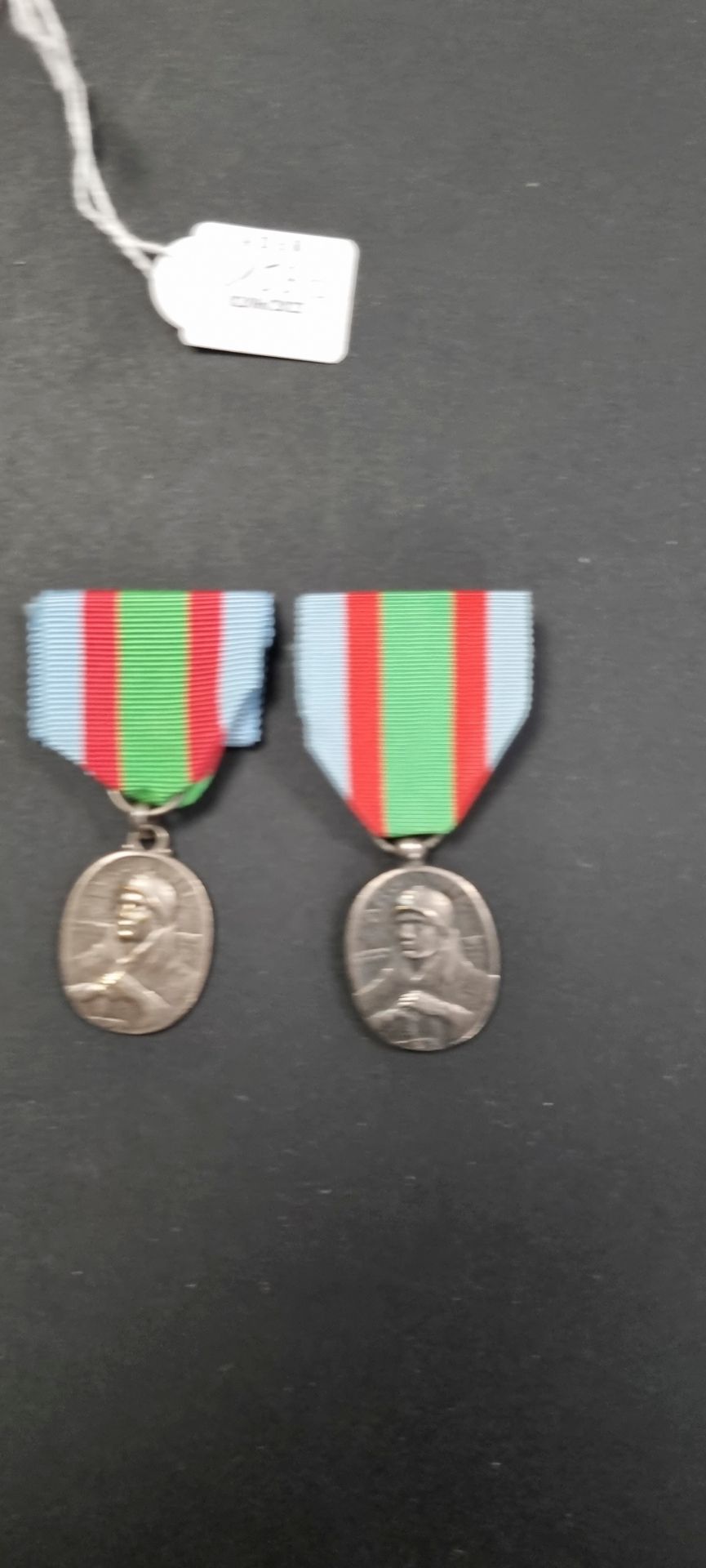 FRANCE 
MÉDAILLE DE L’ARGONNE ET DU VAUQUOIS. 
Deux médailles, à deux revers différents. 
Une à bélière boule, une à anneaux. 
Bronze argenté. 
30 x 20 mm
T.T.B.