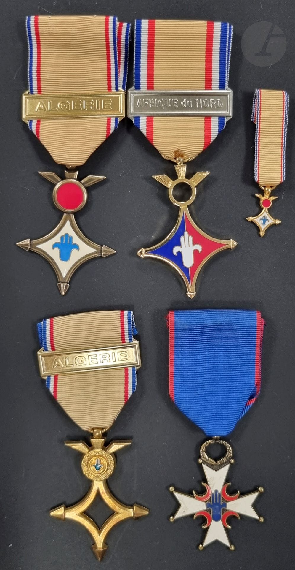 FRANCE 
MÉDAILLE DU TITRE DE RECONNAISSANCE DE LA NATION
Ensemble de cinq médailles : 
- trois médailles et une miniature du 1er type pour l’Afrique du Nord, une de fabrication Marie Stuart à agrafe « ALGERIE », une de fabrication Magnino à agrafe « AFRIQUE DU NORD » et une de fabrication Bacqueville à agrafe « ALGERIE » avec miniature. 
- on joint une médaille de bronze du Djebel. Ruban. 
T.T.B. et SUP.