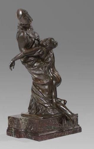 Jules DALOU (1838 - 1902)
La Sagesse soutenant la Liberté, 1889. Épreuve en bronze patiné. Signée et datée, cire perdue A. A. Hébrard fondeur. Socle en marbre (11 cm). Hauteur: 61.5 cm. Provenance: Ancienne collection Léon Lhermitte. Bibliographie: - Aimé - Jules Dalou (1838 - 1902) par Henriette Caillaux, librairie Delagrave, Paris, 1935, un exemplaire similaire est décrit page 150. - Catalogue de l'exposition Jules Dalou (1838 - 1902), Galerie Heim, Paris, 20 mars - 15 avril 1965, un exemplaire similaire décrit et reproduit sous le N° 20. - Les bronzes du XIXe siècle, dictionnaire des sculpteurs par Pierre Kjellberg, Les Éditions de l'Amateur, Paris, 1987, un exemplaire similaire est reproduit page 244. Élément du groupe de droite du Monument élevé à la mémoire de Léon Gambetta destiné à être érigé à Bordeaux et commandé à Dalou en 1901 à la suite d'une souscription nationale. Dalou est décédé avant l'achèvement de son monument; il en a cependant exécuté l'esquisse