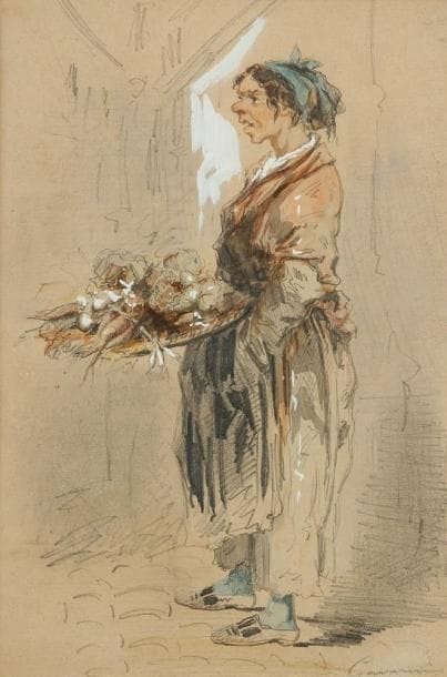 Paul GAVARNI (1804 - 1866)
La Marchande de légumes. Aquarelle et gouache. Signée en bas à droite. 20 x 13 cm