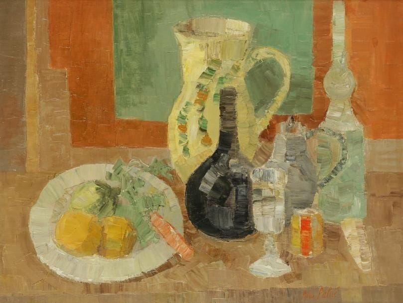 Pierre PALUE (né en 1920)
Nature morte. Huile sur toile. Signée en bas à droite. 50 x 65 cm. Exposition: Salon des indépendants, 1958, Expressionniste